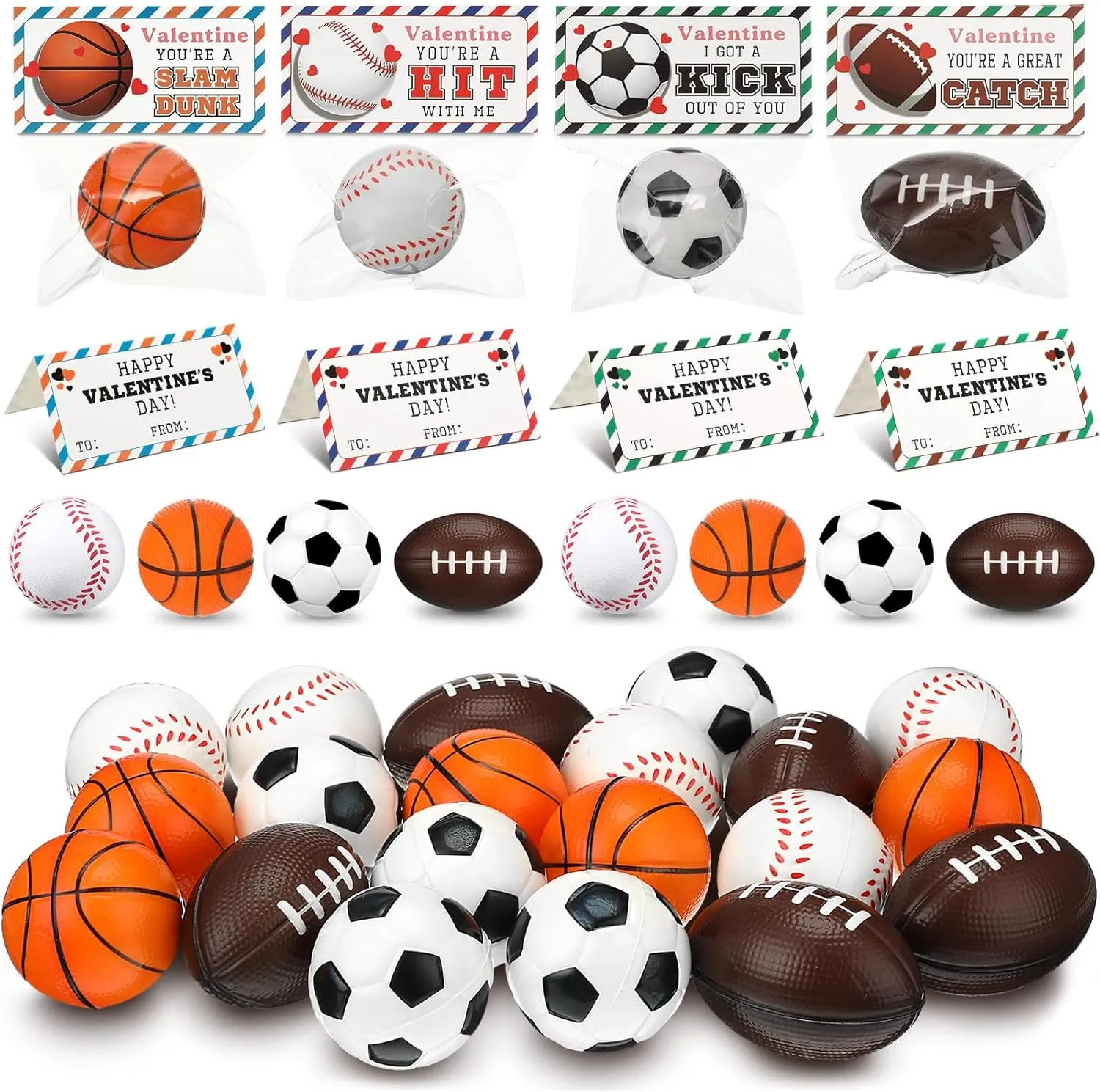 24 Sets Valentine Sports Party Favors 2.36'' Mini 4 Styles Squeeze Stress Balls Decorative Treat Bags Valentine's Day Cookie Bag Topper for DIY Birthday Anxiety Relief Relaxation