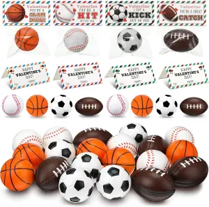 24 Sets Valentine Sports Party Favors 2.36'' Mini 4 Styles Squeeze Stress Balls Decorative Treat Bags Valentine's Day Cookie Bag Topper for DIY Birthday Anxiety Relief Relaxation
