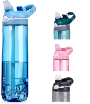24oz Light Blue Water Bottle With Narrow Straw, BPA FREE Clear Bottles With Handle One Hand Use Easy Carried, Flip Up, Suit School, Office, Gym, Office