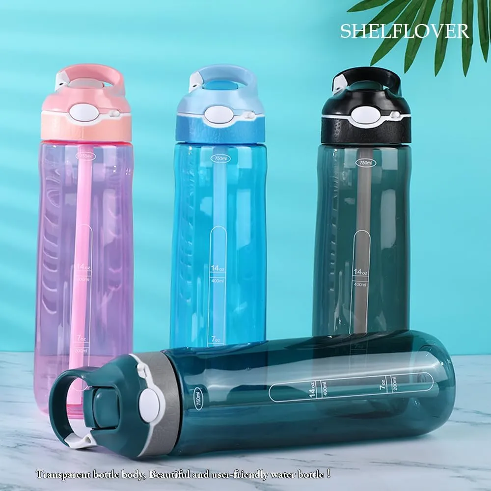 24oz Light Blue Water Bottle With Narrow Straw, BPA FREE Clear Bottles With Handle One Hand Use Easy Carried, Flip Up, Suit School, Office, Gym, Office