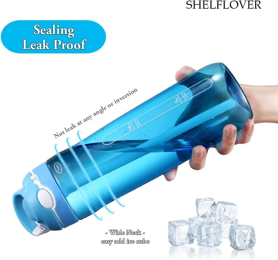 24oz Light Blue Water Bottle With Narrow Straw, BPA FREE Clear Bottles With Handle One Hand Use Easy Carried, Flip Up, Suit School, Office, Gym, Office