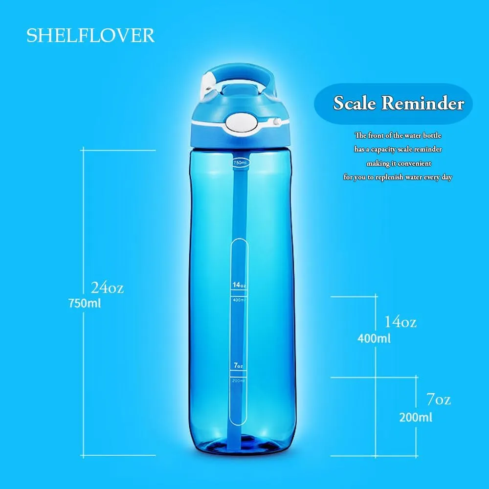 24oz Light Blue Water Bottle With Narrow Straw, BPA FREE Clear Bottles With Handle One Hand Use Easy Carried, Flip Up, Suit School, Office, Gym, Office