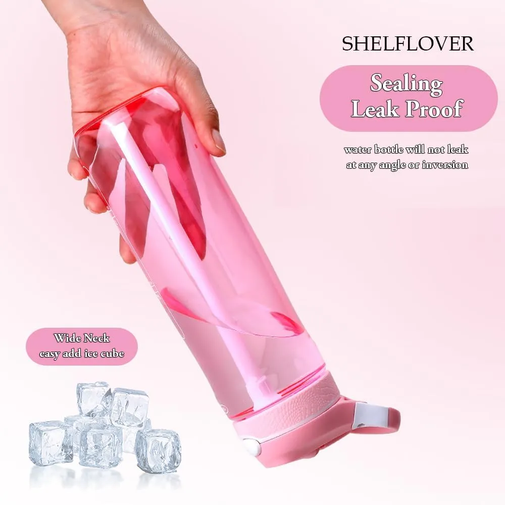 24oz Pink Water Bottle With Narrow Straw, BPA FREE Clear Bottles With Handle One Hand Use Easy Carried, Flip Up, Suit School, Office, Gym, Office For Women