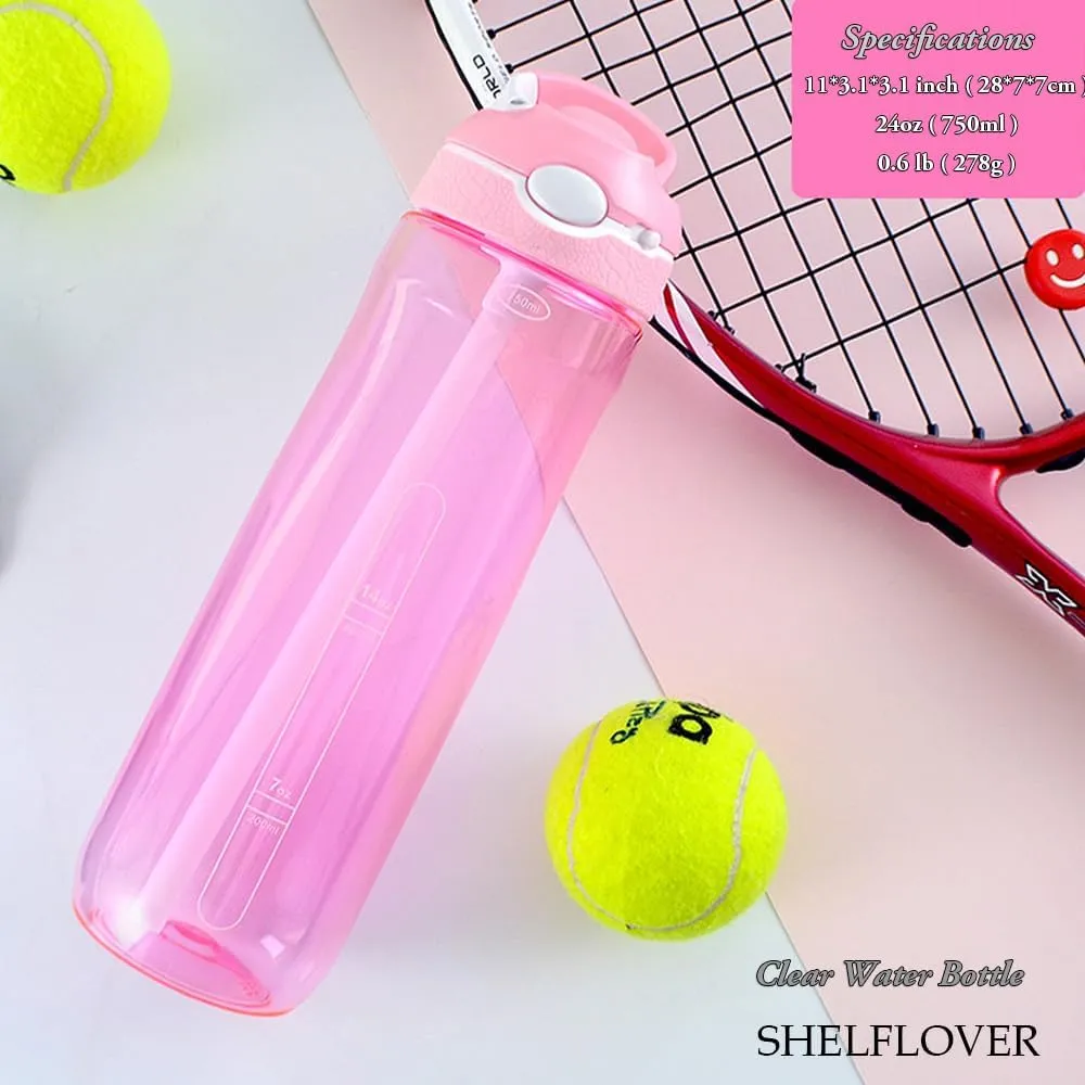 24oz Pink Water Bottle With Narrow Straw, BPA FREE Clear Bottles With Handle One Hand Use Easy Carried, Flip Up, Suit School, Office, Gym, Office For Women