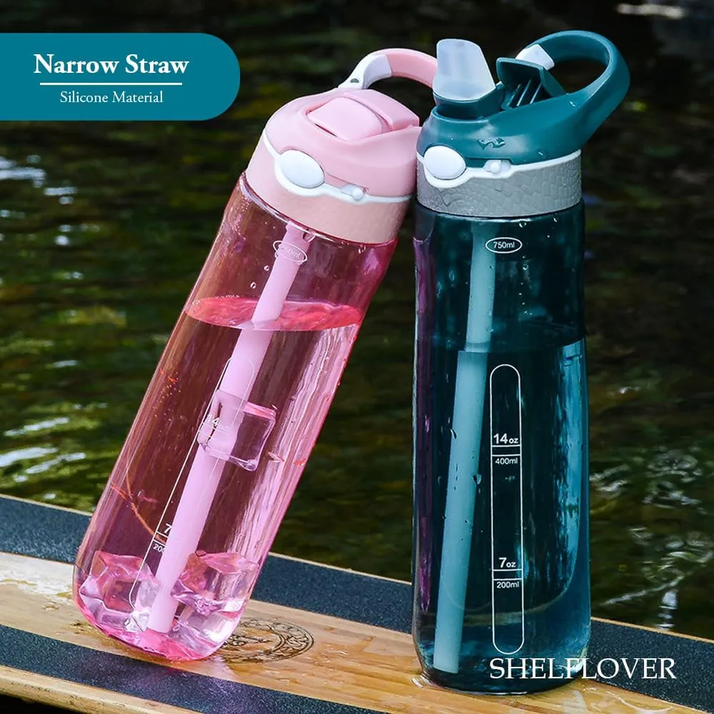 24oz Pink Water Bottle With Narrow Straw, BPA FREE Clear Bottles With Handle One Hand Use Easy Carried, Flip Up, Suit School, Office, Gym, Office For Women