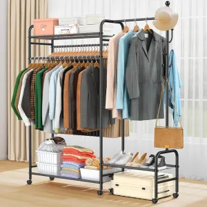 3-In-1 Clothes Racks For Hanging Clothes with Coat Rack, Heavy Duty Clothing Rack with Shelves Load 620Lbs, Portable Garment Racks with Lockable Wheels, Multi-Functional Closet Rack For Bedroom