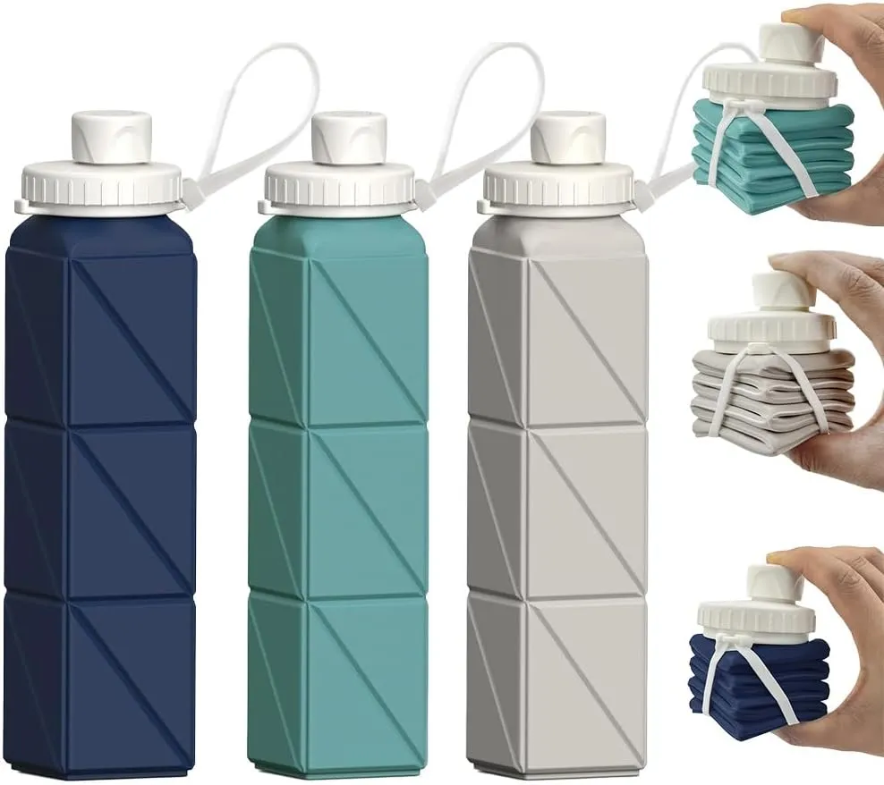 3-in-1 Collapsible Silicone Water Bottle, 610ml Portable Leak-Proof Design, Foldable Travel Bottle for Sports, Hiking, and Daily Use