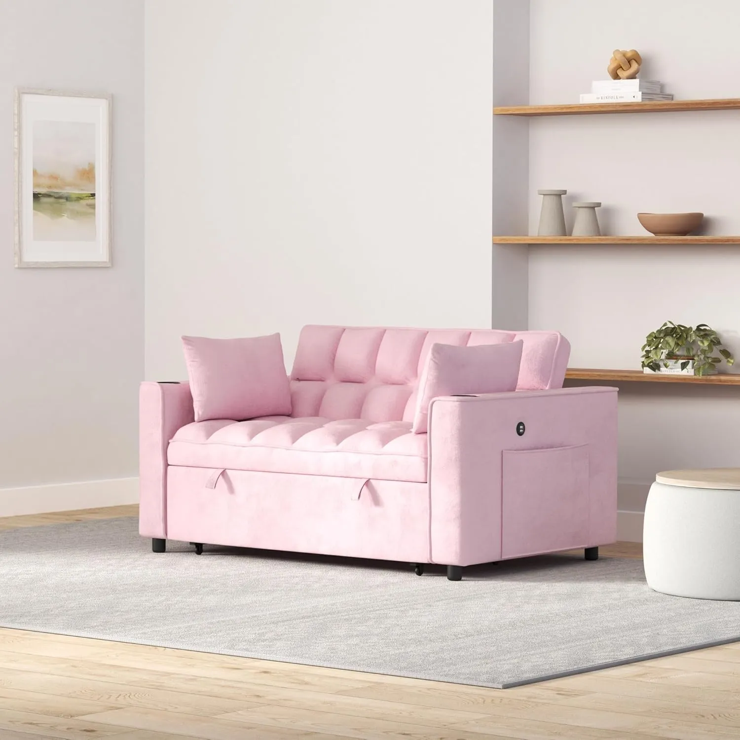 3 in 1 Upholstered Loveseat Futon Sofa Convertible Sleeper Sofabed, Modern Loveseat Sofa Foldable Lounge Chaise Daybed W/Pull Out Sleeper Couch Bed,USB Ports and Cupholders for Living Room Bedroom