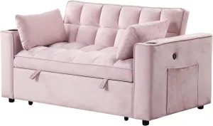 3 in 1 Upholstered Loveseat Futon Sofa Convertible Sleeper Sofabed, Modern Loveseat Sofa Foldable Lounge Chaise Daybed W/Pull Out Sleeper Couch Bed,USB Ports and Cupholders for Living Room Bedroom