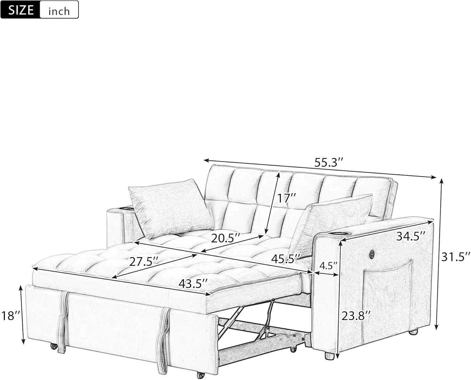 3 in 1 Upholstered Loveseat Futon Sofa Convertible Sleeper Sofabed, Modern Loveseat Sofa Foldable Lounge Chaise Daybed W/Pull Out Sleeper Couch Bed,USB Ports and Cupholders for Living Room Bedroom