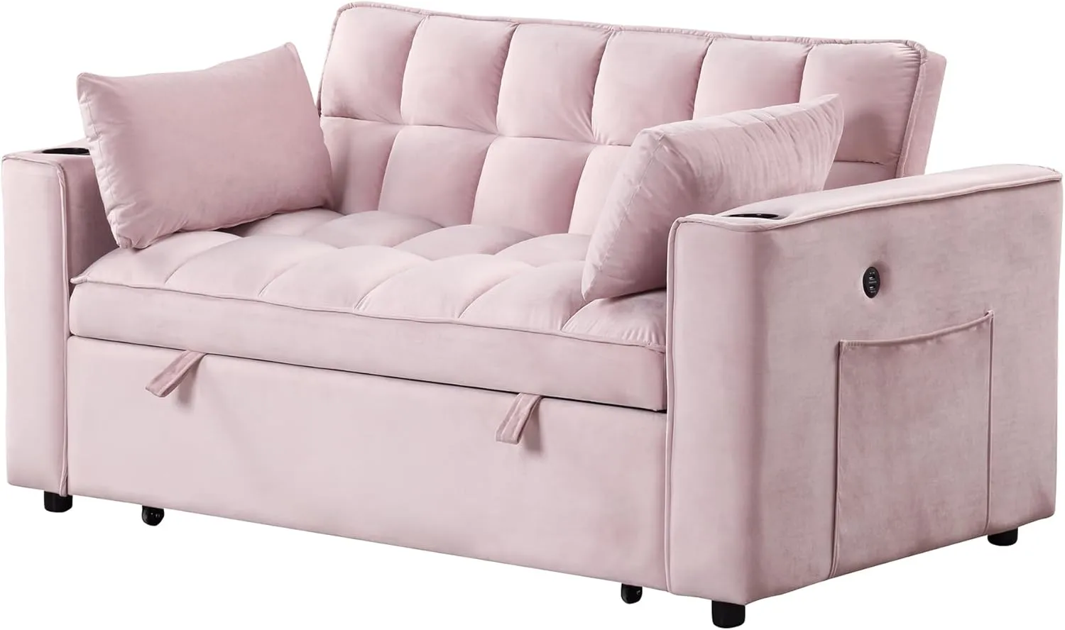 3 in 1 Upholstered Loveseat Futon Sofa Convertible Sleeper Sofabed, Modern Loveseat Sofa Foldable Lounge Chaise Daybed W/Pull Out Sleeper Couch Bed,USB Ports and Cupholders for Living Room Bedroom
