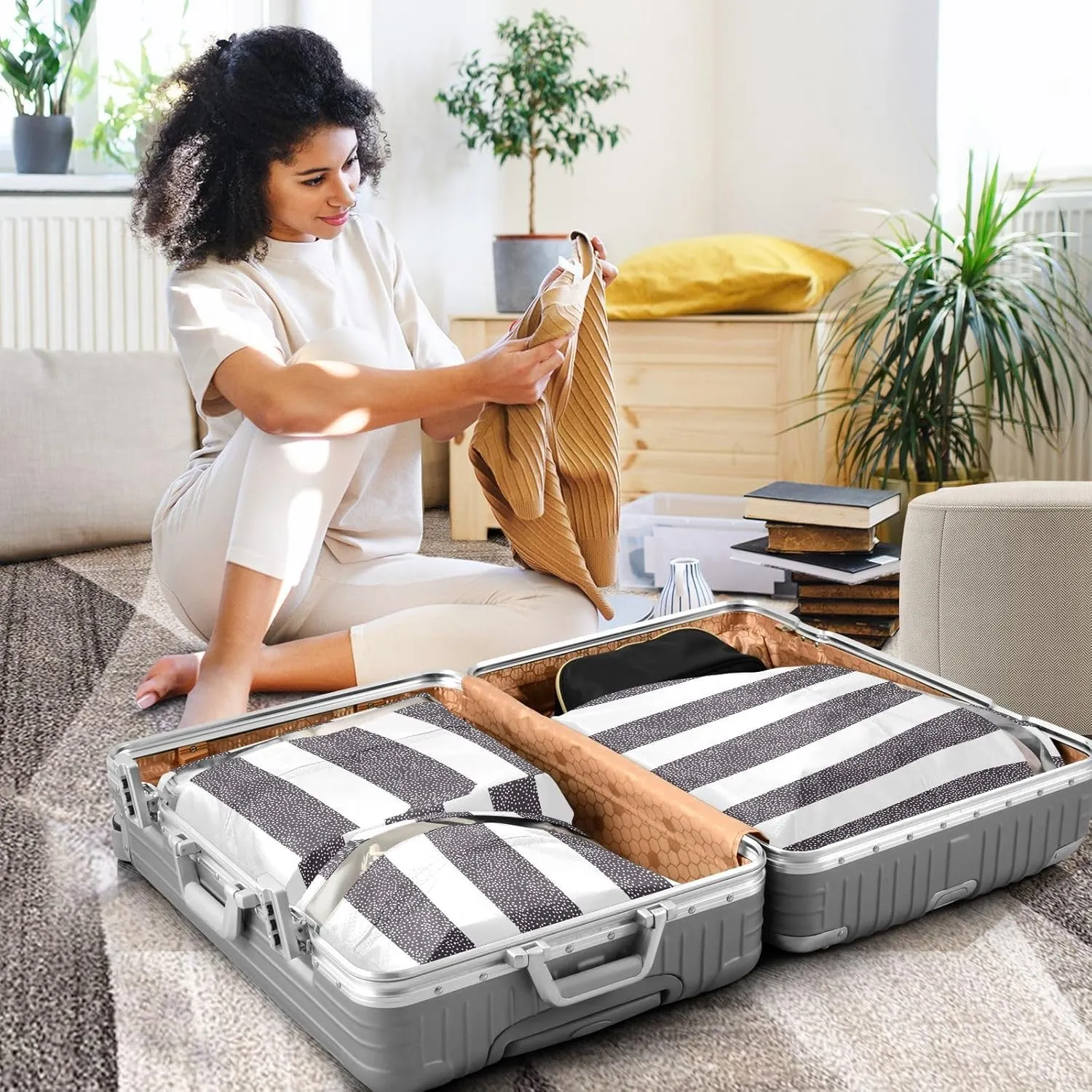3 Set Travel Packing Cubes For Suitcases, Modern Stripes, Stackable, Garment Bag Closet Storage, Luggage Space Saver, Luggages Management Personnel