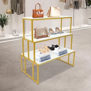 3-Tier Retail Display Stand Heavy Duty Shoe Handbag Display Shelf Rack Modern Luxury Display Table Riser Freestanding Storage Holder for Retail Stores Home, White & Gold