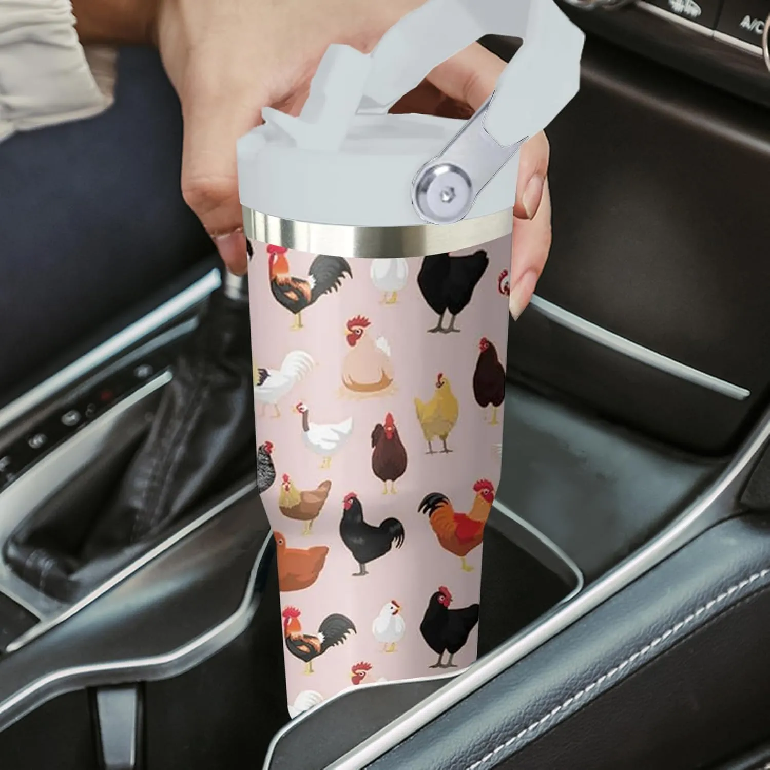30 oz Chicken Tumbler with Handle and Flip Straw, Stainless Steel Double Insulated Cup with Lid and Straw, Travel Coffee Mug Water Bottle,Christmas Birthday Mothers Day Gifts for Women Animal Lovers