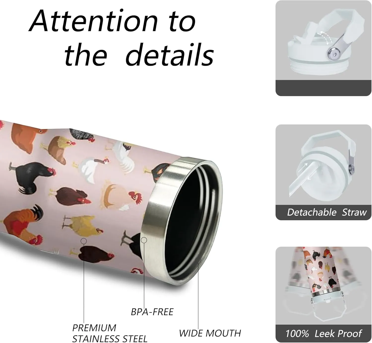 30 oz Chicken Tumbler with Handle and Flip Straw, Stainless Steel Double Insulated Cup with Lid and Straw, Travel Coffee Mug Water Bottle,Christmas Birthday Mothers Day Gifts for Women Animal Lovers