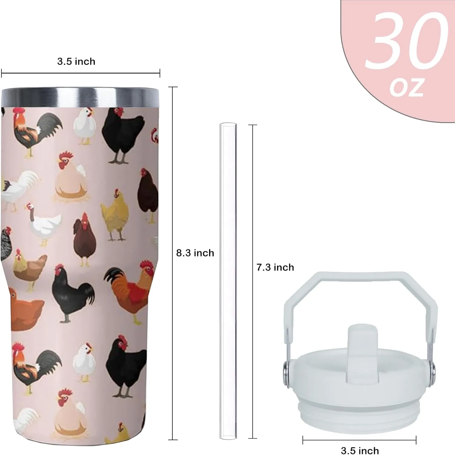30 oz Chicken Tumbler with Handle and Flip Straw, Stainless Steel Double Insulated Cup with Lid and Straw, Travel Coffee Mug Water Bottle,Christmas Birthday Mothers Day Gifts for Women Animal Lovers