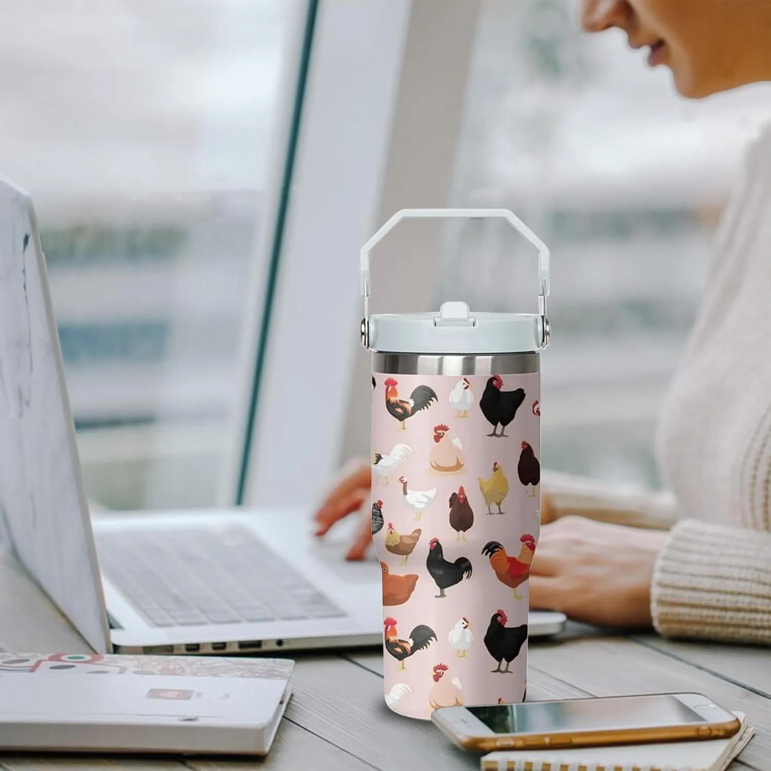 30 oz Chicken Tumbler with Handle and Flip Straw, Stainless Steel Double Insulated Cup with Lid and Straw, Travel Coffee Mug Water Bottle,Christmas Birthday Mothers Day Gifts for Women Animal Lovers