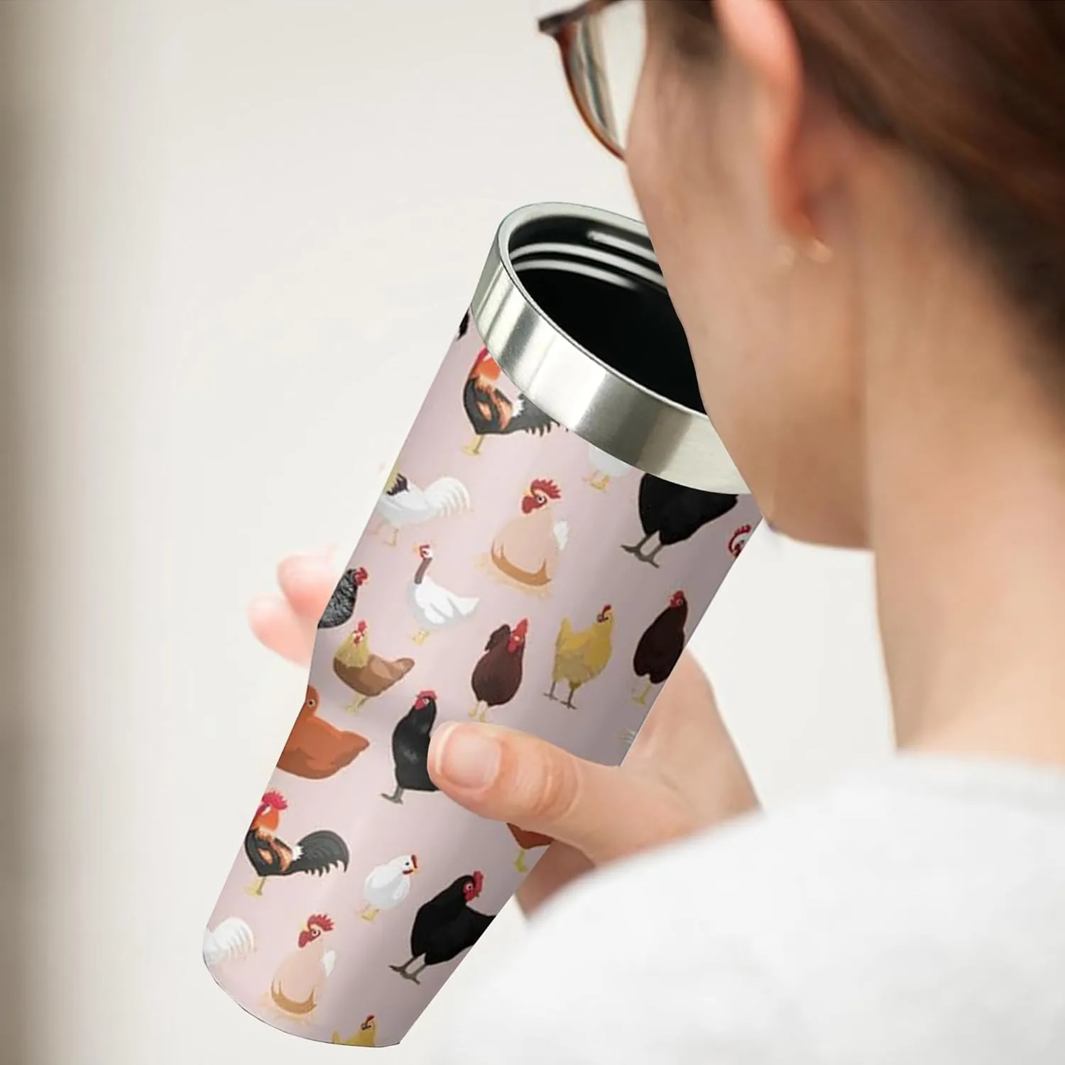 30 oz Chicken Tumbler with Handle and Flip Straw, Stainless Steel Double Insulated Cup with Lid and Straw, Travel Coffee Mug Water Bottle,Christmas Birthday Mothers Day Gifts for Women Animal Lovers