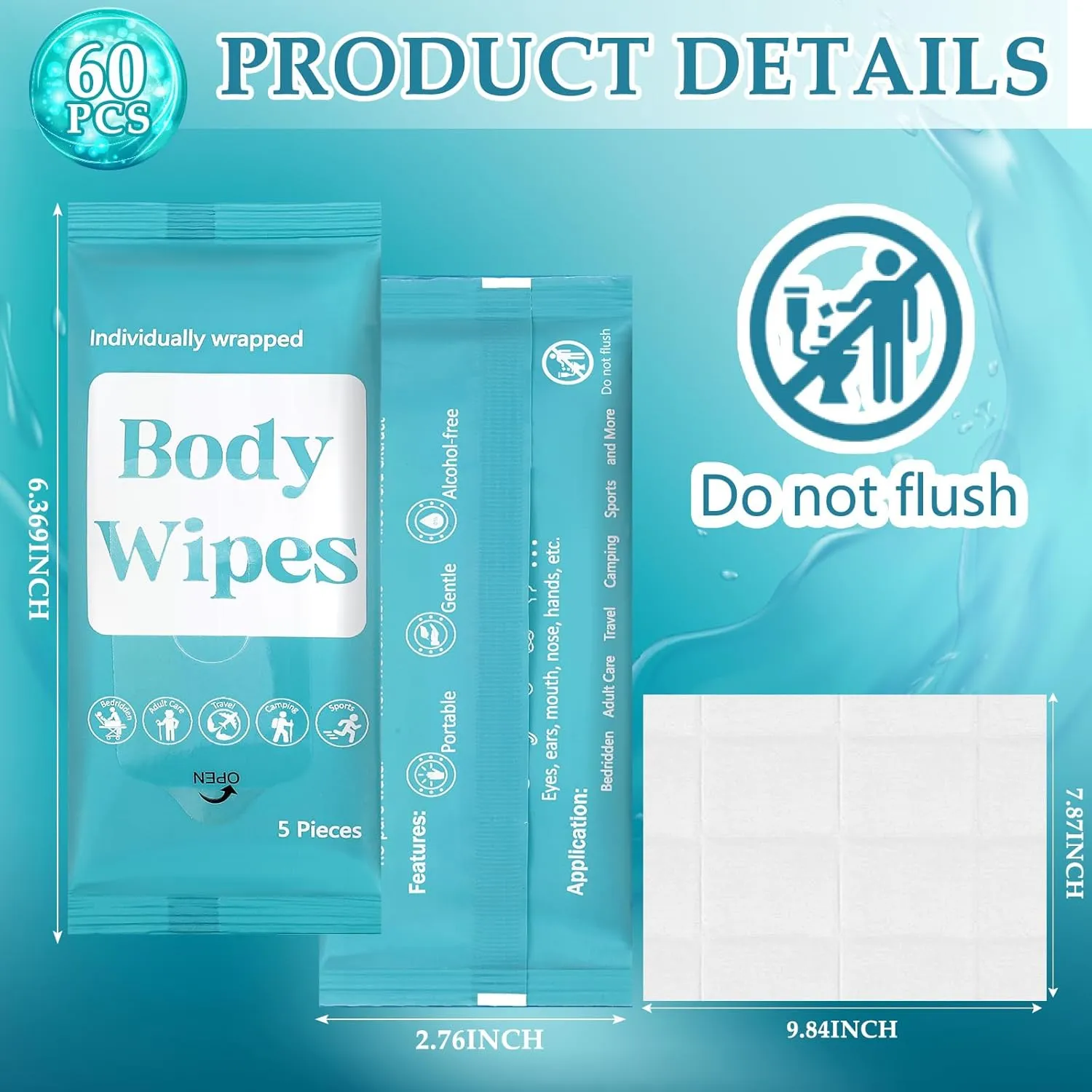 300 Pcs 60 Pack Body Wipes for Adults Bathing No Rinse Individually Wrapped Shower Wipes Washcloth with Aloe Cleansing Body Wash Cloths Disposable Cleansing Cloth(Blue Background)