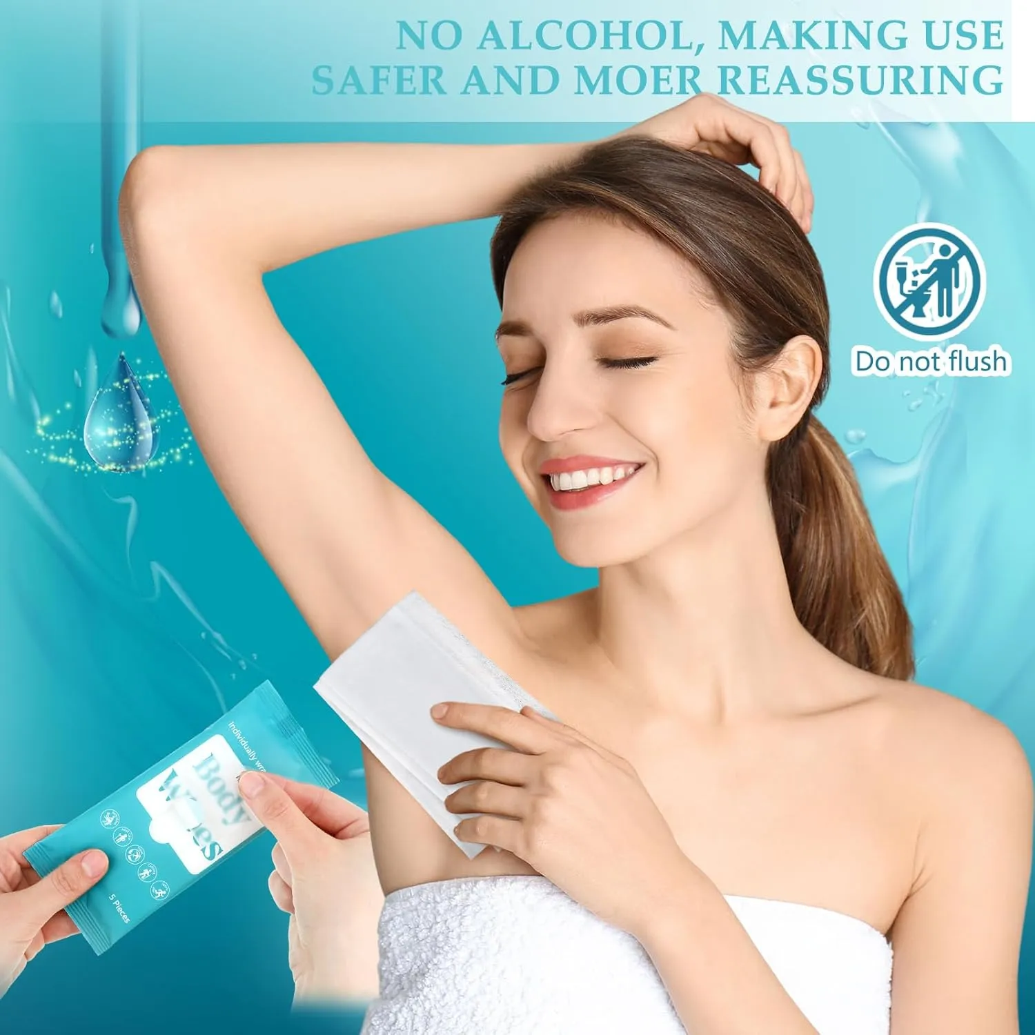 300 Pcs 60 Pack Body Wipes for Adults Bathing No Rinse Individually Wrapped Shower Wipes Washcloth with Aloe Cleansing Body Wash Cloths Disposable Cleansing Cloth(Blue Background)