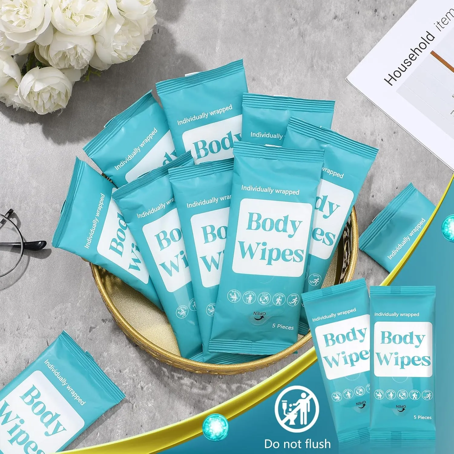 300 Pcs 60 Pack Body Wipes for Adults Bathing No Rinse Individually Wrapped Shower Wipes Washcloth with Aloe Cleansing Body Wash Cloths Disposable Cleansing Cloth(Blue Background)