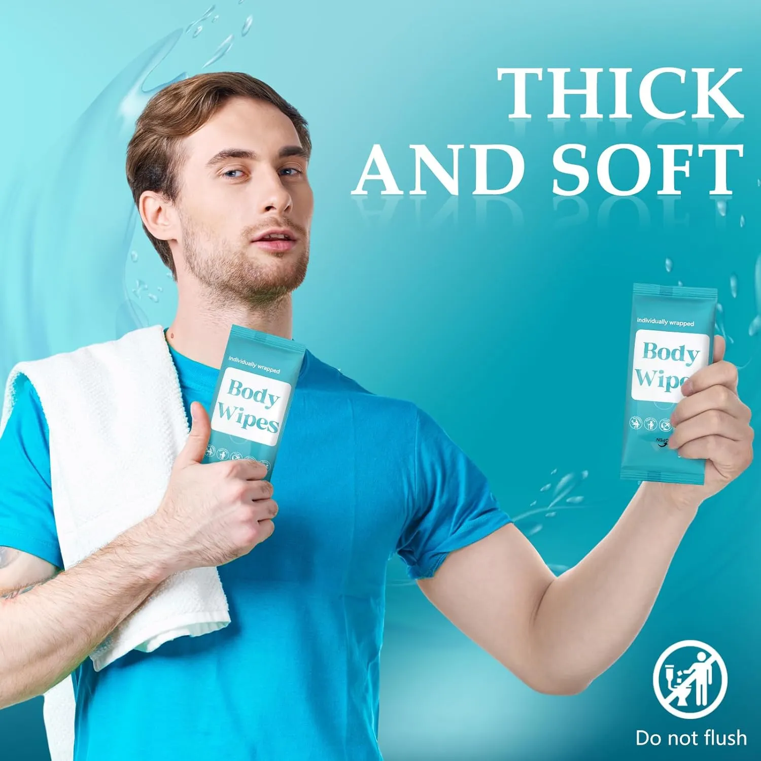 300 Pcs 60 Pack Body Wipes for Adults Bathing No Rinse Individually Wrapped Shower Wipes Washcloth with Aloe Cleansing Body Wash Cloths Disposable Cleansing Cloth(Blue Background)