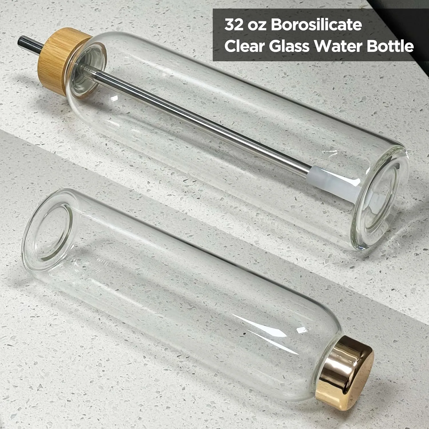32 oz Clear and Large Borosilicate Glass Water Bottles with 2 Lids | Sports Water Bottle with Neoprene Sleeve and Adjustable Strap (Gold Plastic Lid and Bamboo Lid with Straw)