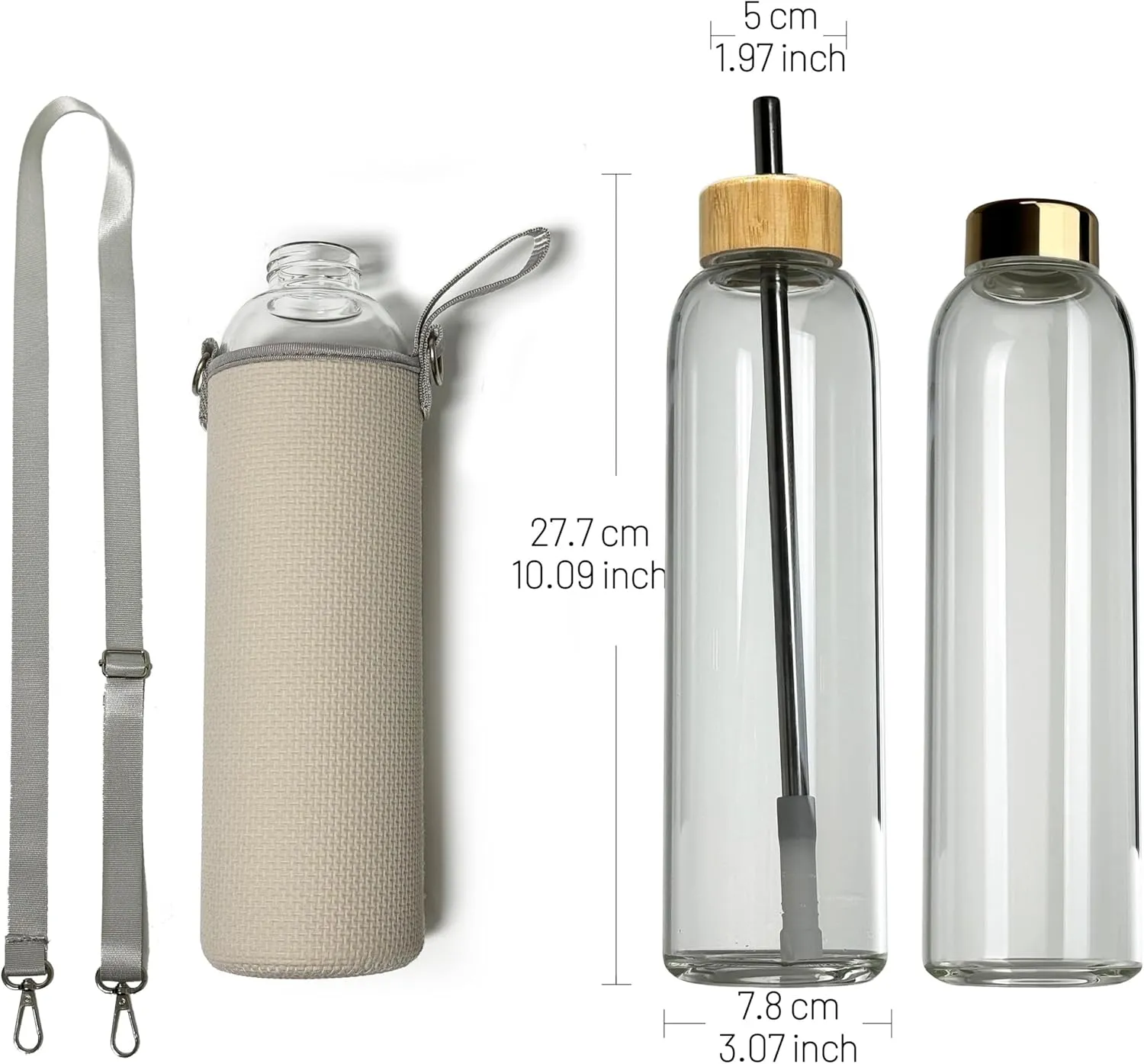 32 oz Clear and Large Borosilicate Glass Water Bottles with 2 Lids | Sports Water Bottle with Neoprene Sleeve and Adjustable Strap (Gold Plastic Lid and Bamboo Lid with Straw)