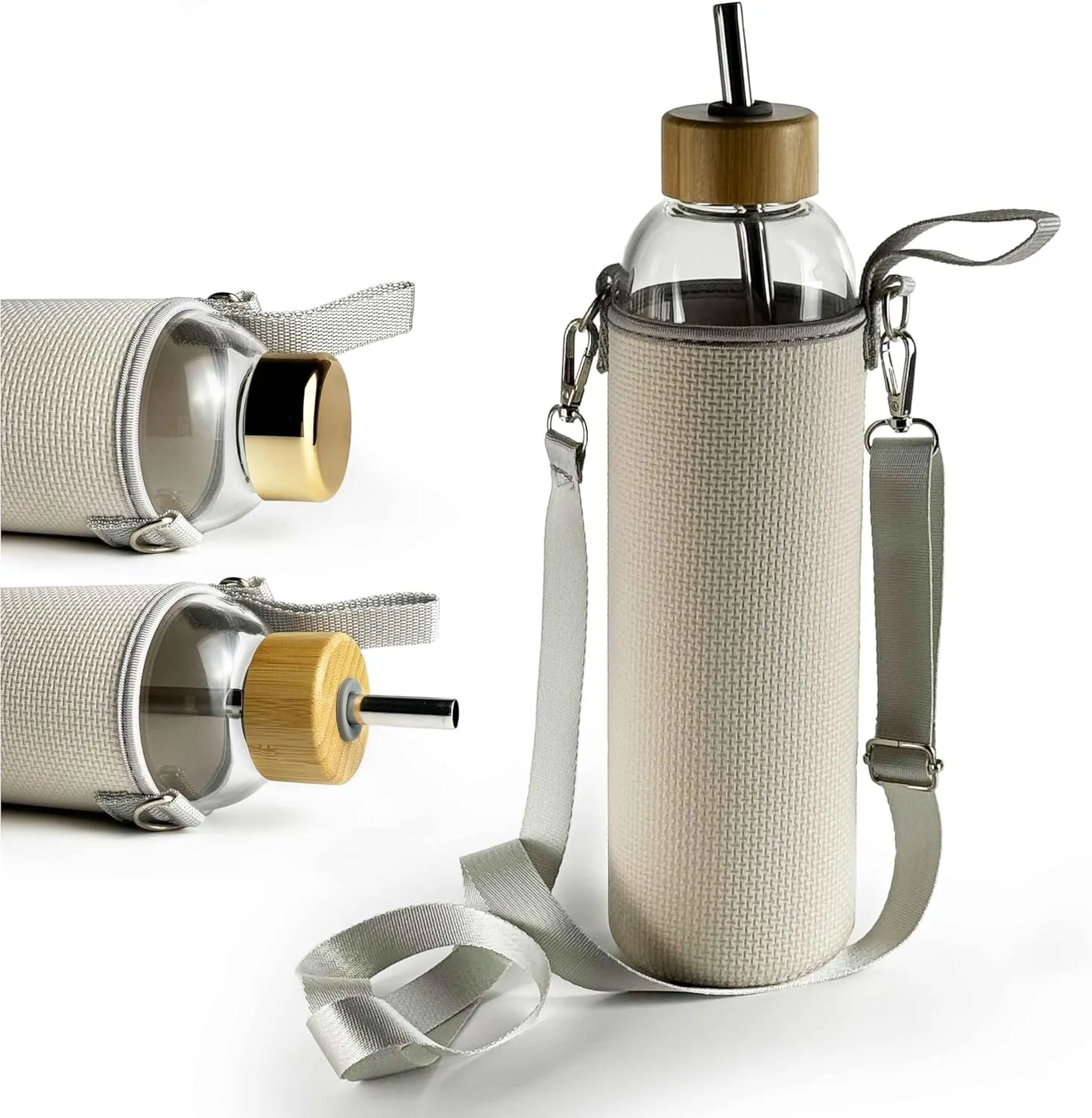 32 oz Clear and Large Borosilicate Glass Water Bottles with 2 Lids | Sports Water Bottle with Neoprene Sleeve and Adjustable Strap (Gold Plastic Lid and Bamboo Lid with Straw)