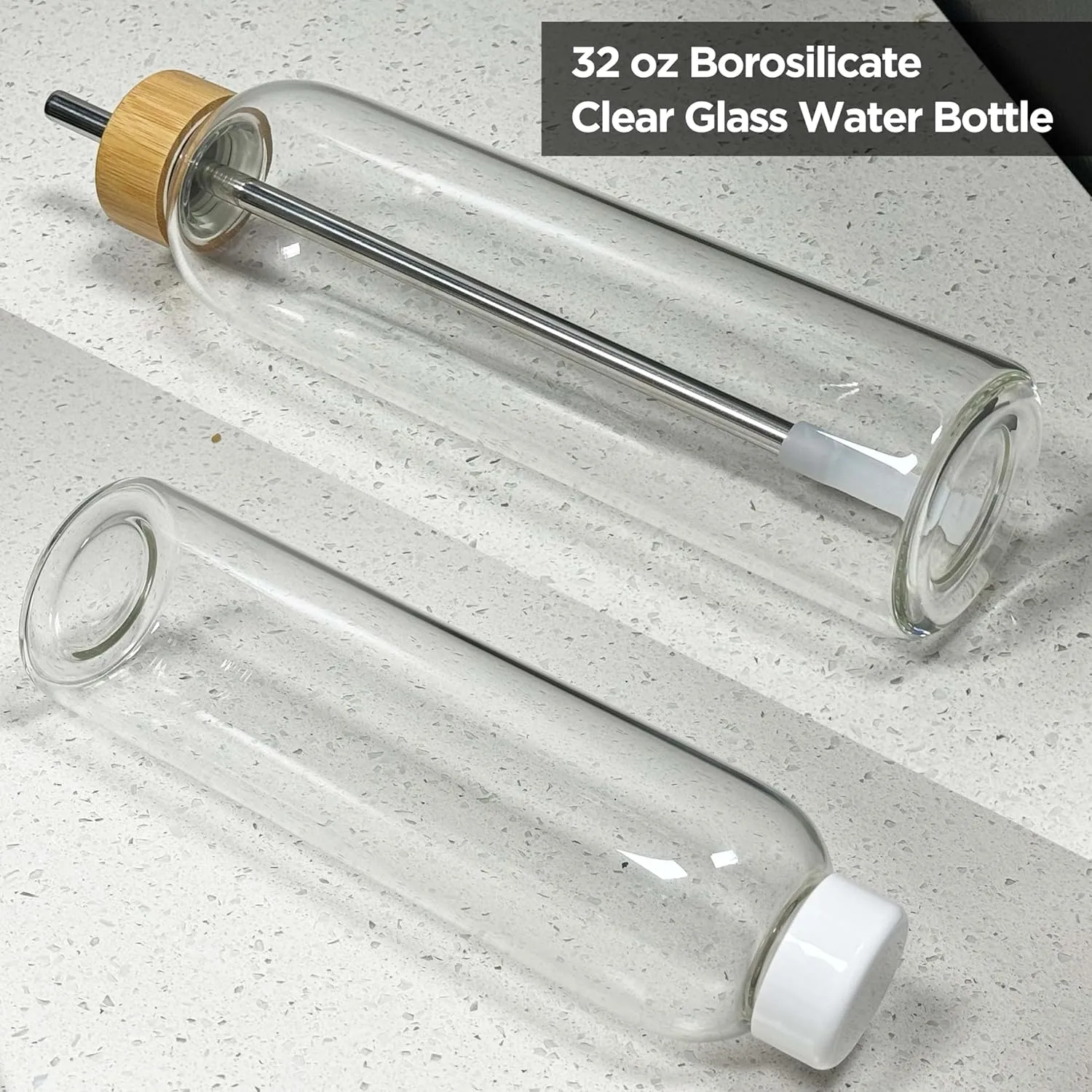 32 oz Clear and Large Borosilicate Glass Water Bottles with 2 Lids | Sports Water Bottle with Neoprene Sleeve and Adjustable Strap (White Plastic Lid and Bamboo Lid with Straw)