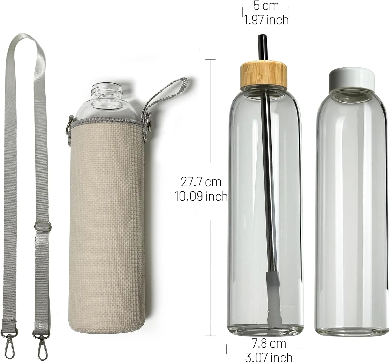 32 oz Clear and Large Borosilicate Glass Water Bottles with 2 Lids | Sports Water Bottle with Neoprene Sleeve and Adjustable Strap (White Plastic Lid and Bamboo Lid with Straw)