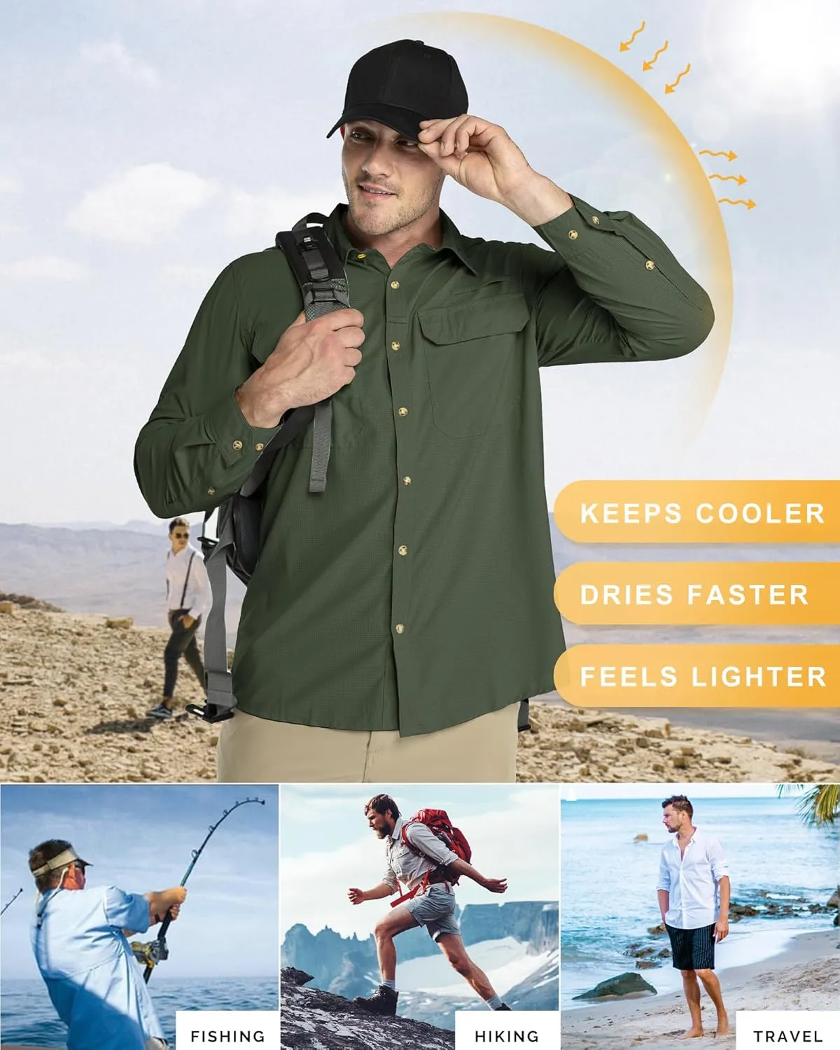 33,000ft Men's Long Sleeve Sun Protection Shirt UPF 50  UV Quick Dry Cooling Fishing Shirts for Travel Safari Camping Hiking