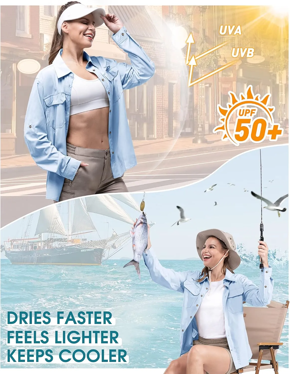 33,000ft Women's UPF 50 UV Sun Protection Shirt, Cool Quick Dry Long Sleeve Outdoor Fishing Hiking Safari Travel Shirt