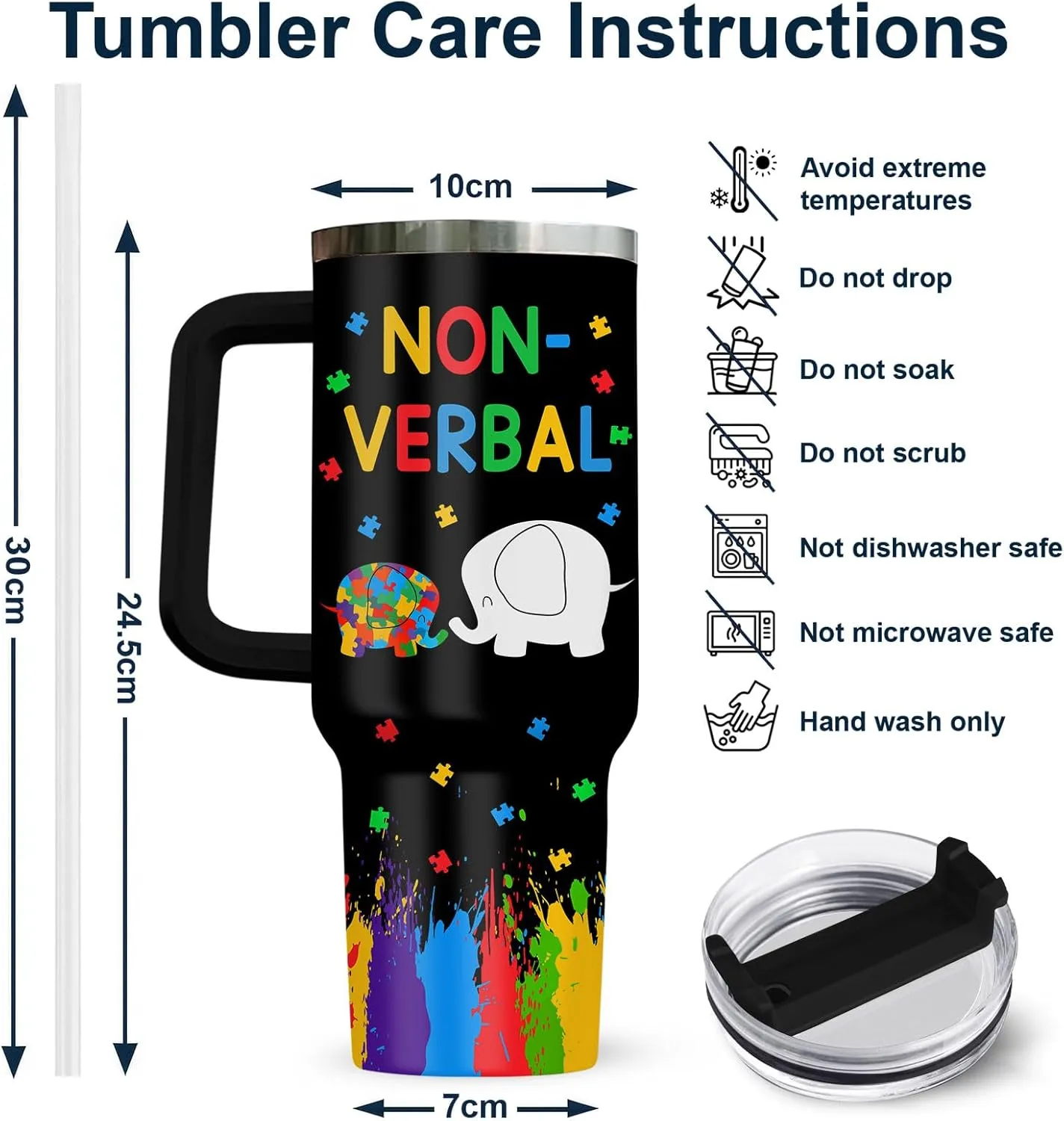 34HD Elephant Autism Tumbler with Handle and Straw, Autistic Mom Coffee Cup 40oz, Inspirational Autism Awareness Gifts for Women Teacher Mothers Day