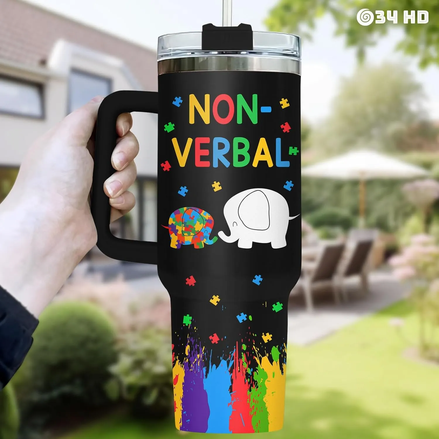 34HD Elephant Autism Tumbler with Handle and Straw, Autistic Mom Coffee Cup 40oz, Inspirational Autism Awareness Gifts for Women Teacher Mothers Day