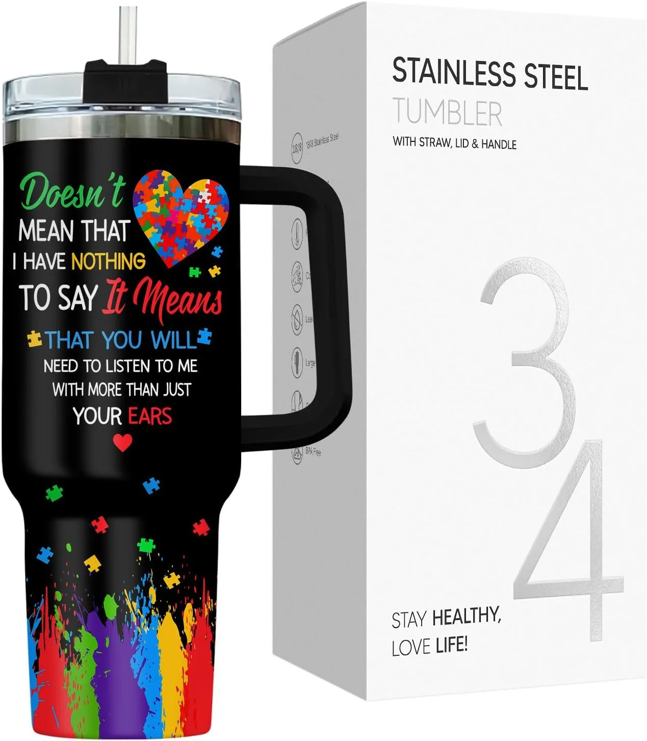 34HD Elephant Autism Tumbler with Handle and Straw, Autistic Mom Coffee Cup 40oz, Inspirational Autism Awareness Gifts for Women Teacher Mothers Day