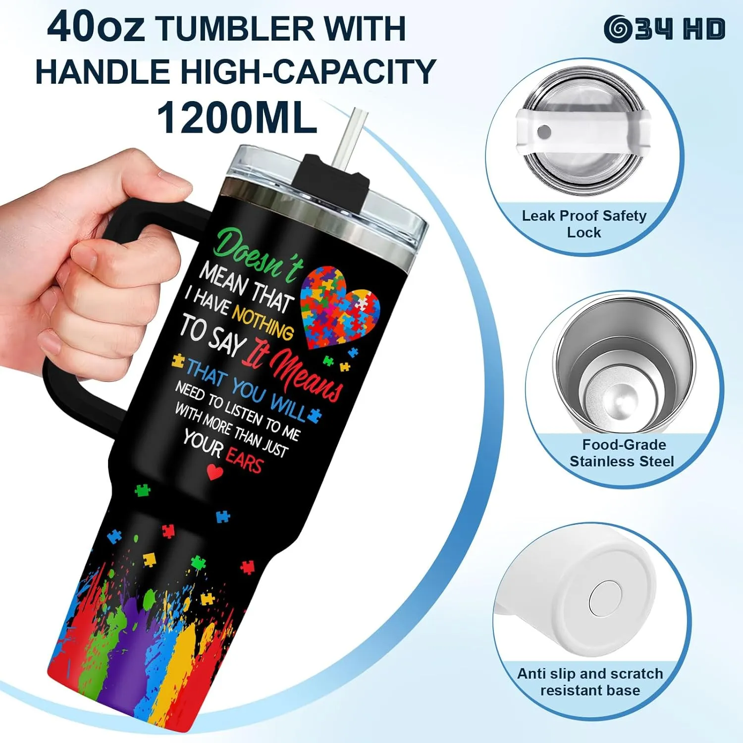 34HD Elephant Autism Tumbler with Handle and Straw, Autistic Mom Coffee Cup 40oz, Inspirational Autism Awareness Gifts for Women Teacher Mothers Day