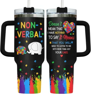 34HD Elephant Autism Tumbler with Handle and Straw, Autistic Mom Coffee Cup 40oz, Inspirational Autism Awareness Gifts for Women Teacher Mothers Day
