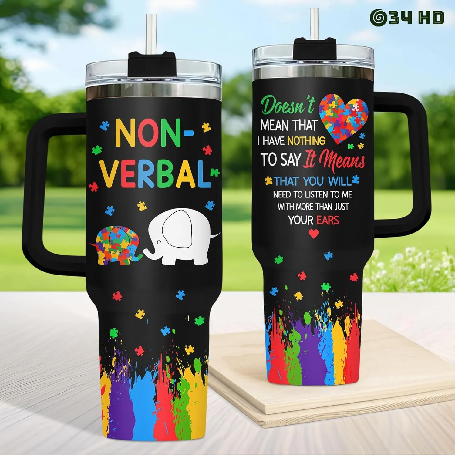 34HD Elephant Autism Tumbler with Handle and Straw, Autistic Mom Coffee Cup 40oz, Inspirational Autism Awareness Gifts for Women Teacher Mothers Day