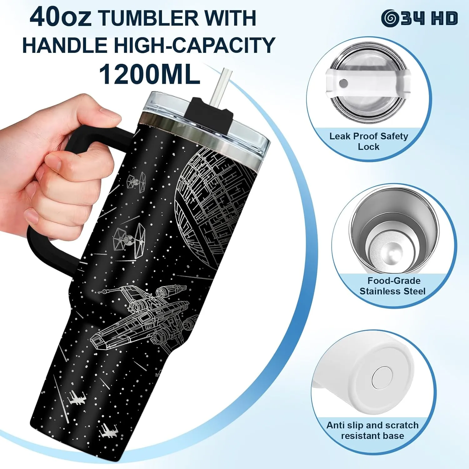34HD Movie Tumbler for Lovers, 40 Oz with Handle, Lid, Straw; Funny Movie Mug, Birthday Gift
