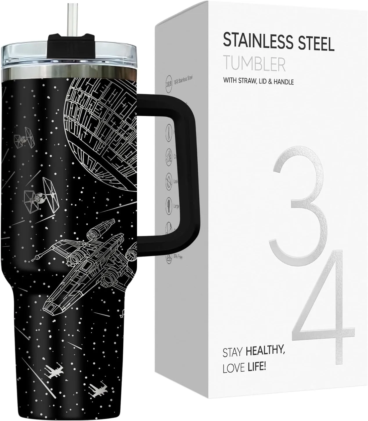 34HD Movie Tumbler for Lovers, 40 Oz with Handle, Lid, Straw; Funny Movie Mug, Birthday Gift