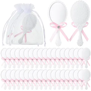 36 Sets Vintage Handheld Mirror Bulk Retro Embossed Compact Princess Makeup Mirror with Handle with Organza Bags for Princess Party Favors Travel Wedding Bridal Shower Gifts