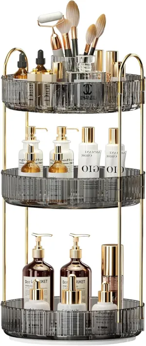 360° Rotating Makeup Organizer, Large-Capacity Skincare Make Up Storage 3 Tier Perfume Organizers Cosmetic Dresser Organizer with Makeup Brush Holder, Fits Bedroom, Bathroom, Vanity Shelf Countertop