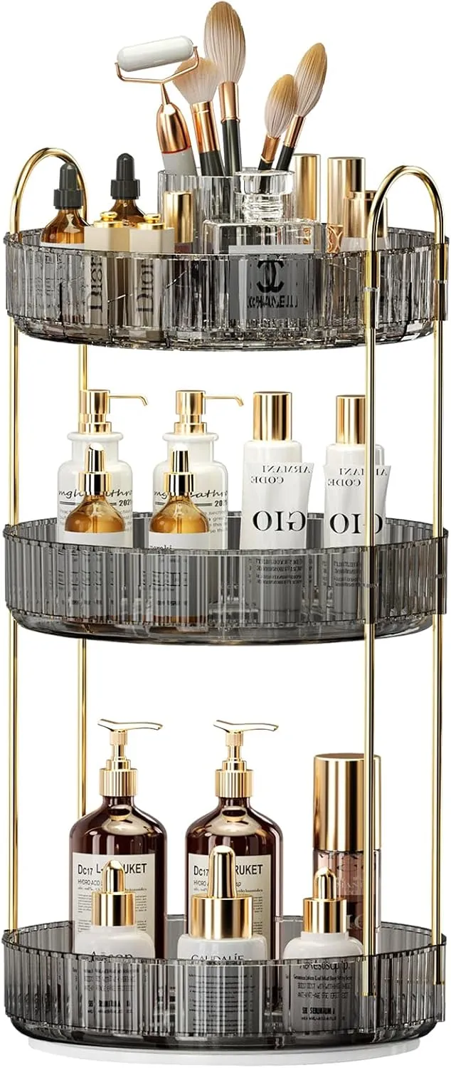 360° Rotating Makeup Organizer, Large-Capacity Skincare Make Up Storage 3 Tier Perfume Organizers Cosmetic Dresser Organizer with Makeup Brush Holder, Fits Bedroom, Bathroom, Vanity Shelf Countertop