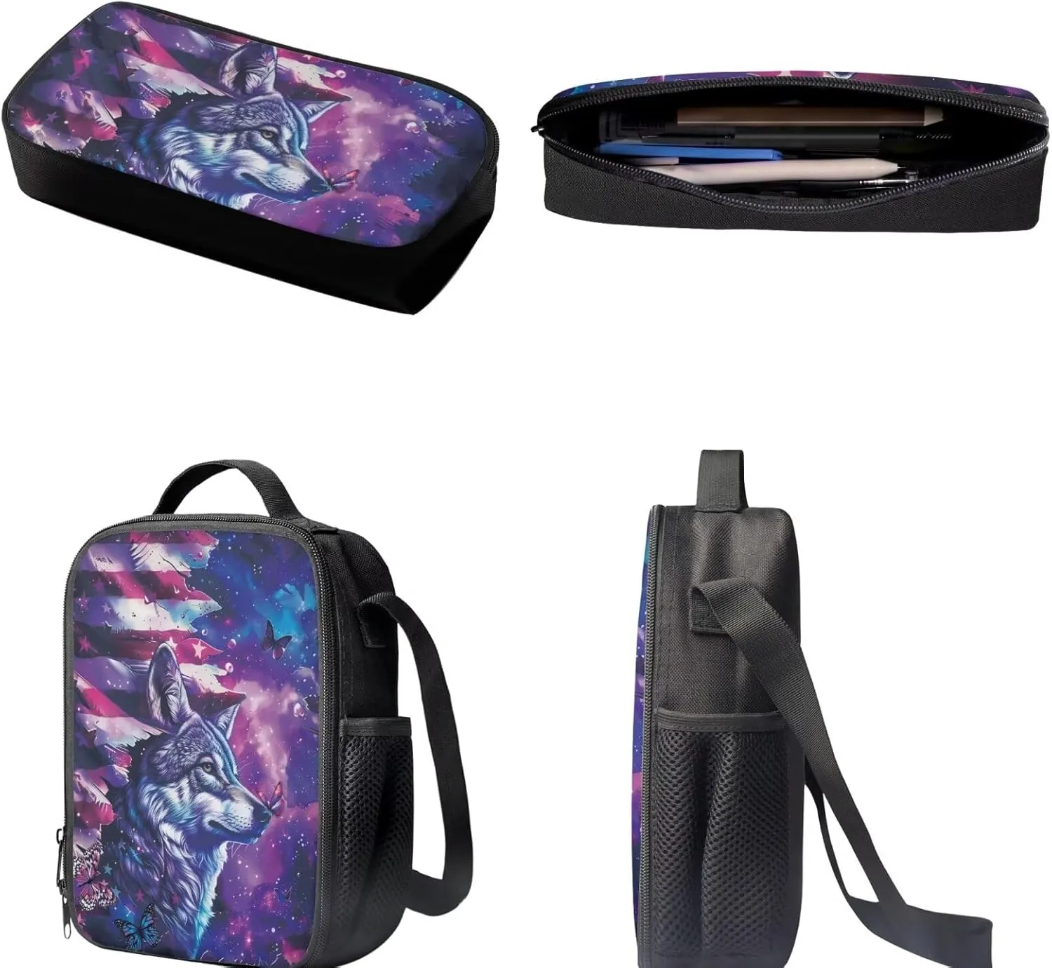 3PCS Boys Girls School Bag Set, American Flag Wolf Print Travel Work Laptop Bookbag Backpack Pencil Case Lunch Bags for Women Men