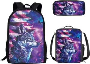 3PCS Boys Girls School Bag Set, American Flag Wolf Print Travel Work Laptop Bookbag Backpack Pencil Case Lunch Bags for Women Men