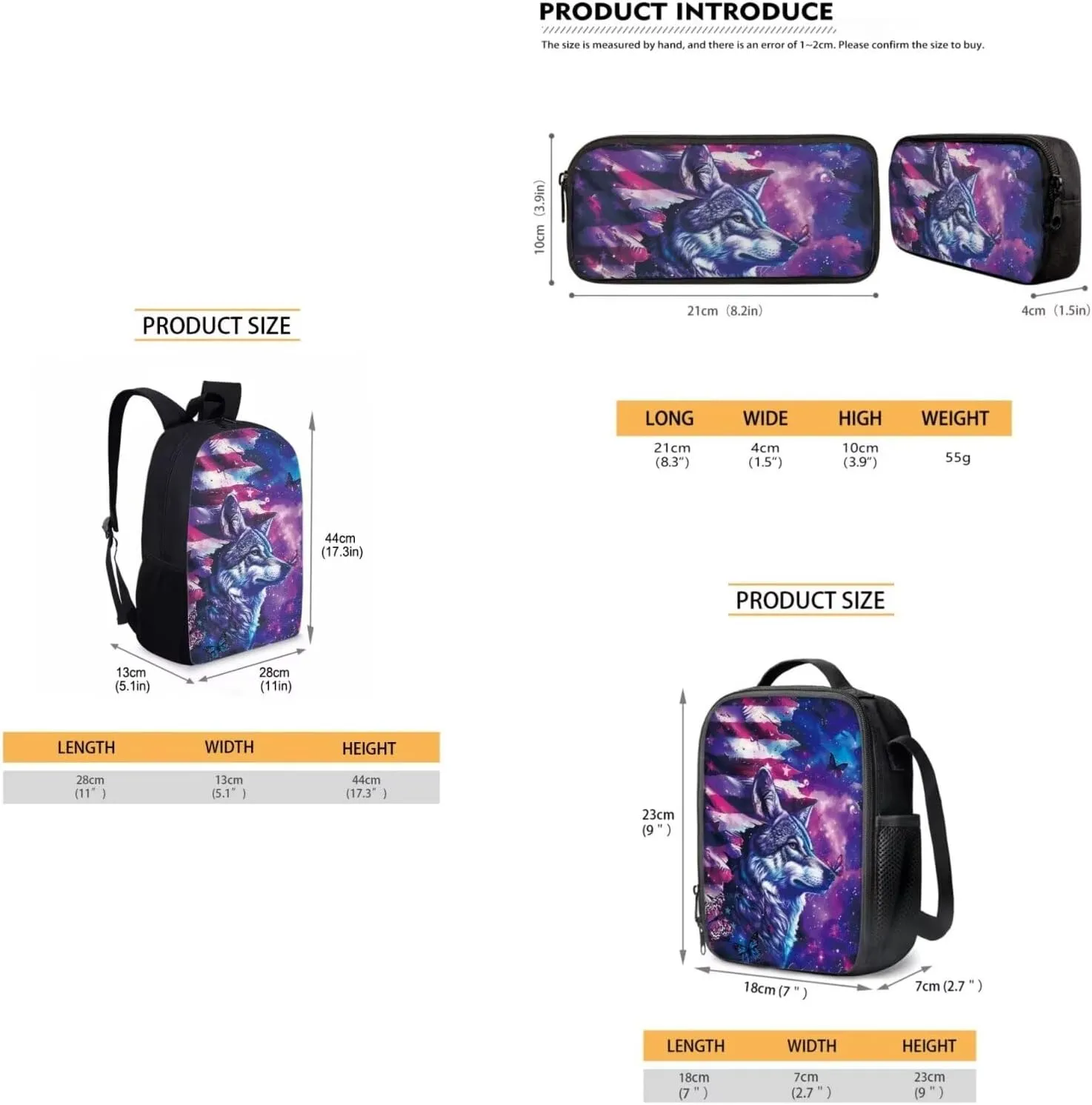 3PCS Boys Girls School Bag Set, American Flag Wolf Print Travel Work Laptop Bookbag Backpack Pencil Case Lunch Bags for Women Men