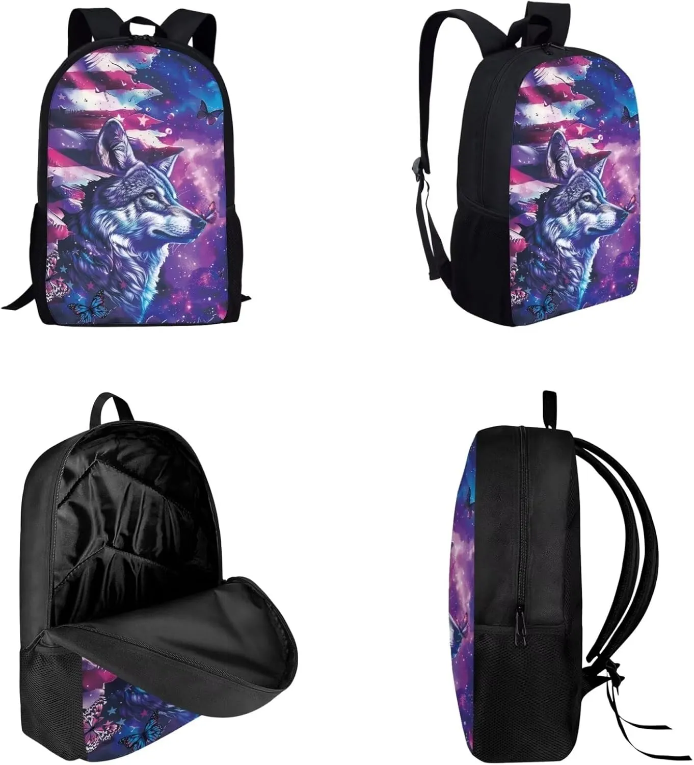 3PCS Boys Girls School Bag Set, American Flag Wolf Print Travel Work Laptop Bookbag Backpack Pencil Case Lunch Bags for Women Men