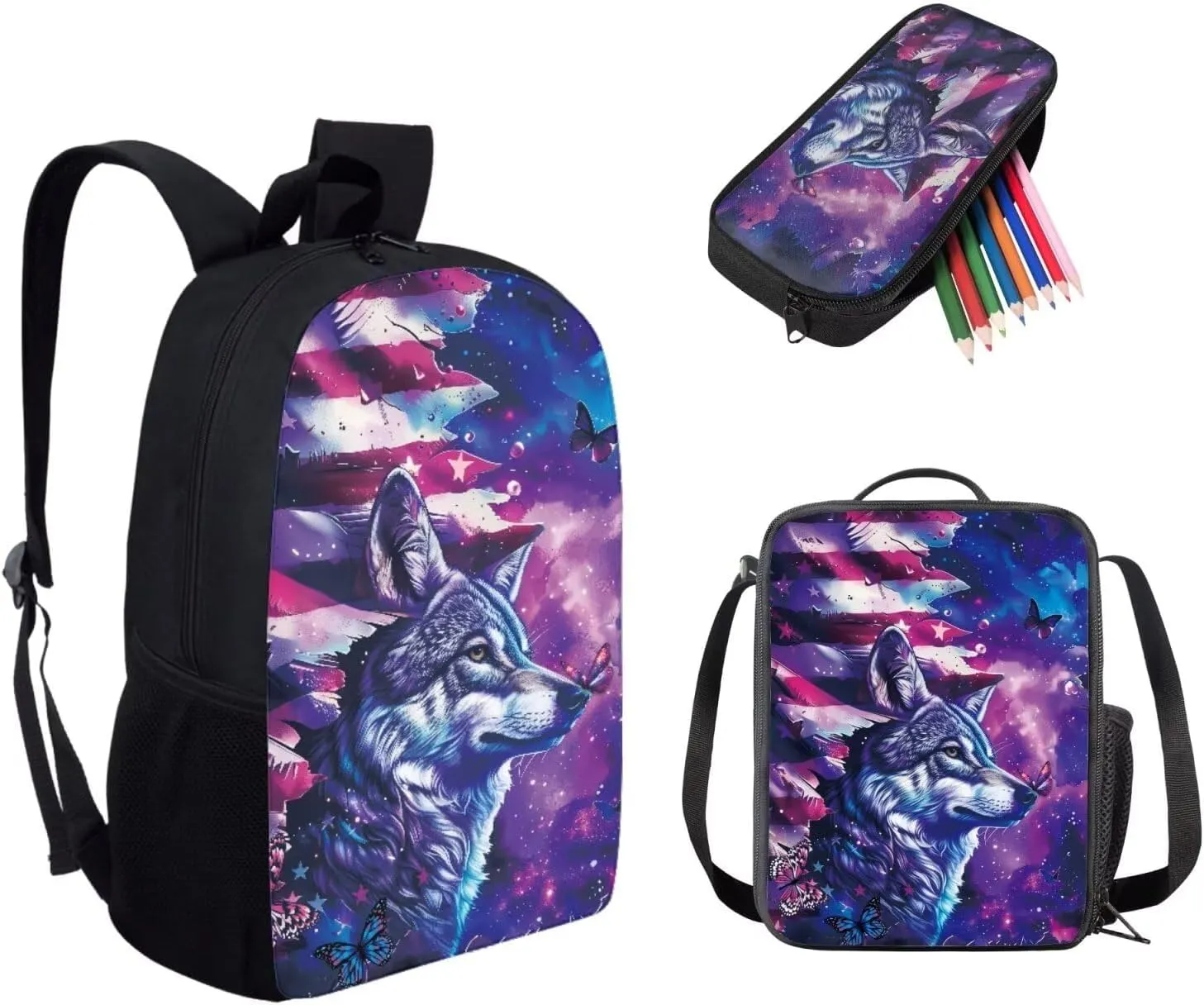 3PCS Boys Girls School Bag Set, American Flag Wolf Print Travel Work Laptop Bookbag Backpack Pencil Case Lunch Bags for Women Men