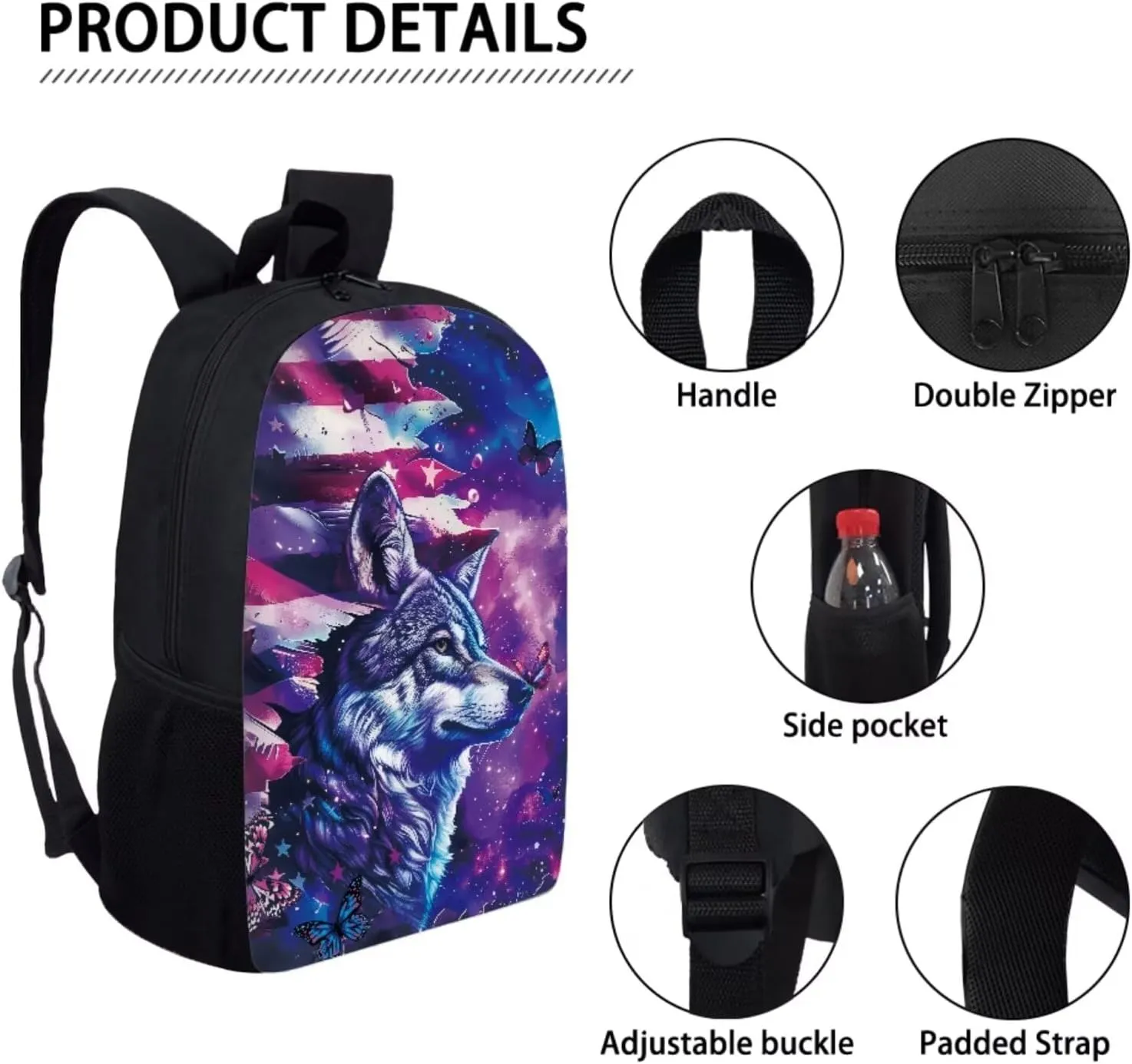 3PCS Boys Girls School Bag Set, American Flag Wolf Print Travel Work Laptop Bookbag Backpack Pencil Case Lunch Bags for Women Men